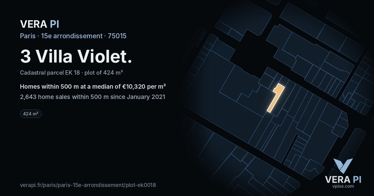 3 Villa Violet, 15e arrondissement at night – the plot lit, the parcels around coloured by the prices near them
