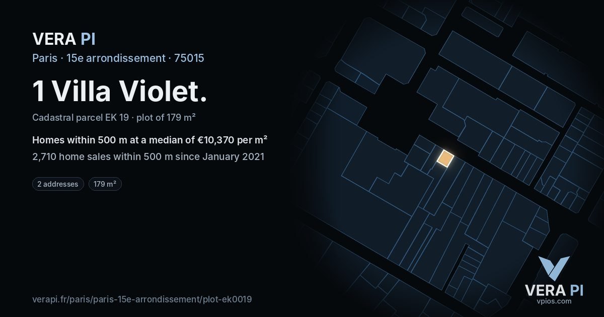 1 Villa Violet, 15e arrondissement at night – the plot lit, the parcels around coloured by the prices near them