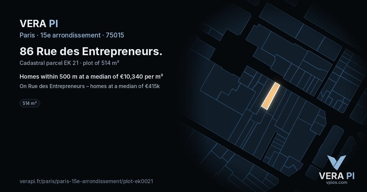 86 Rue des Entrepreneurs, 15e arrondissement at night – the plot lit, the parcels around coloured by the prices near them