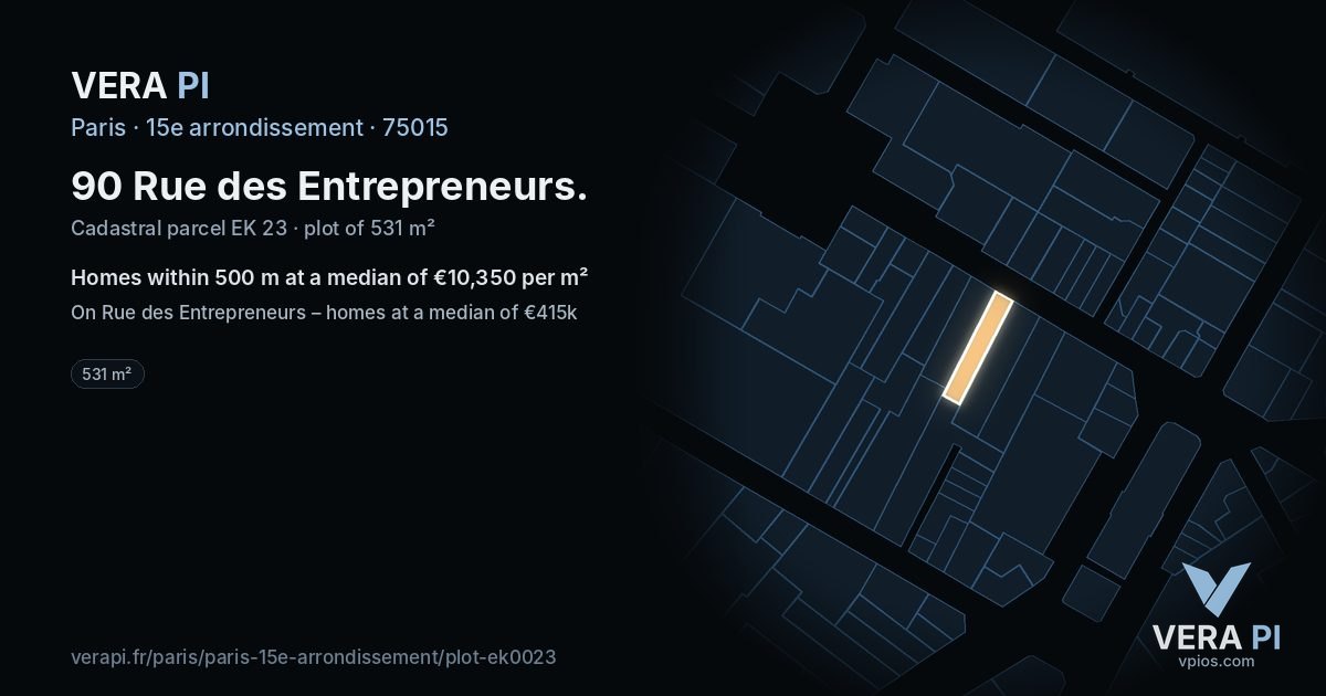 90 Rue des Entrepreneurs, 15e arrondissement at night – the plot lit, the parcels around coloured by the prices near them