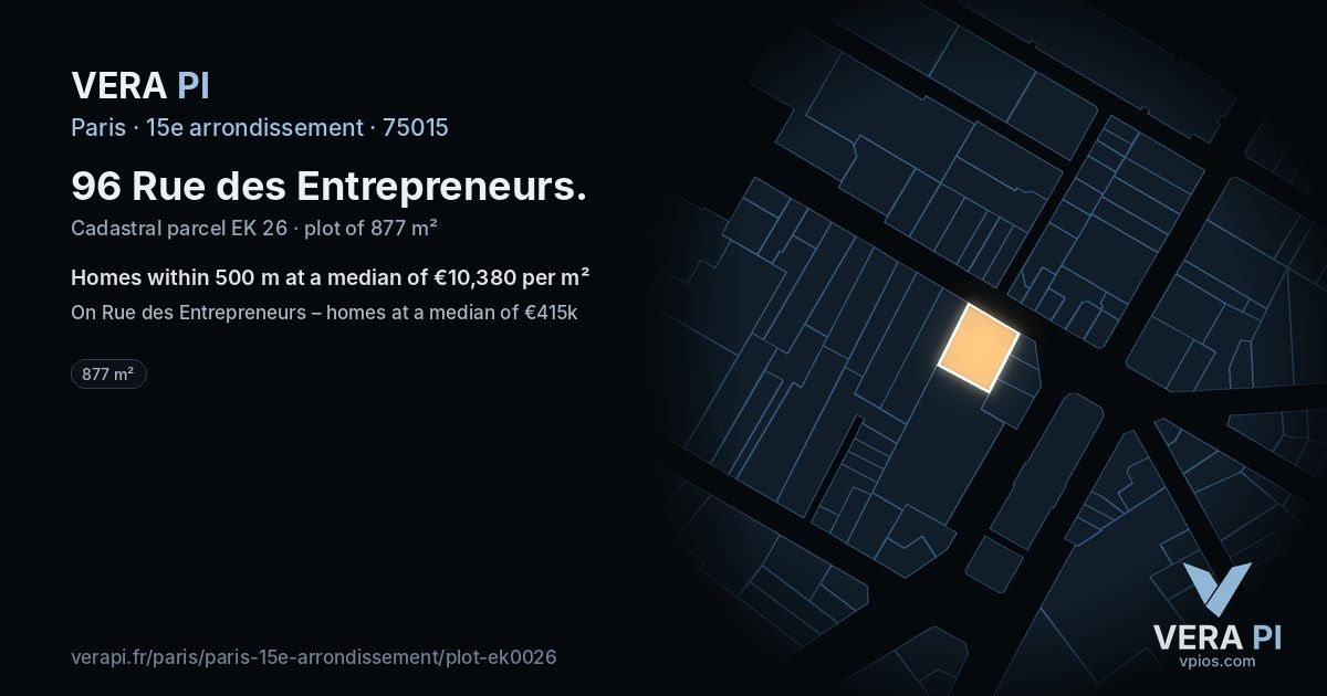 96 Rue des Entrepreneurs, 15e arrondissement at night – the plot lit, the parcels around coloured by the prices near them