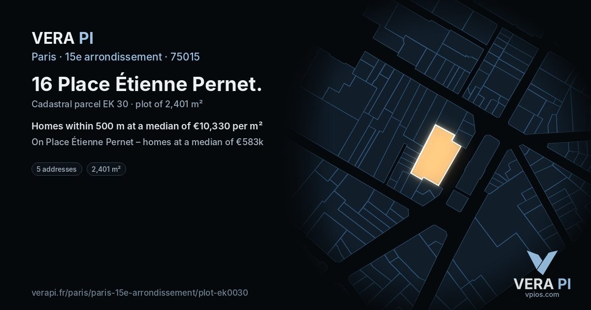 16 Place Étienne Pernet, 15e arrondissement at night – the plot lit, the parcels around coloured by the prices near them