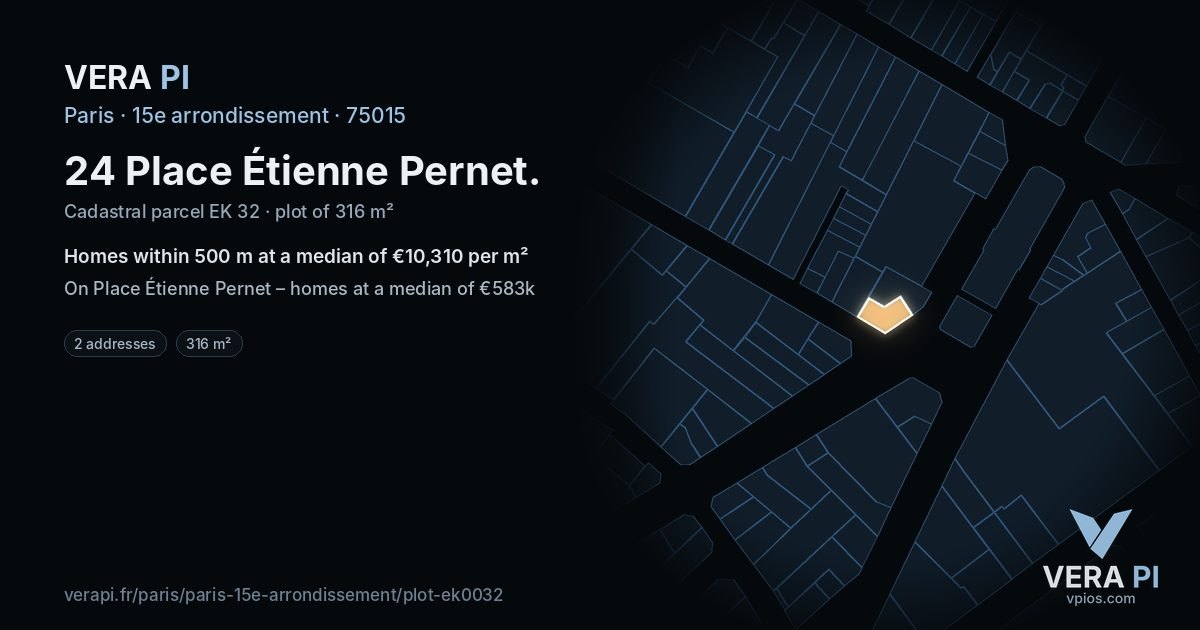 24 Place Étienne Pernet, 15e arrondissement at night – the plot lit, the parcels around coloured by the prices near them