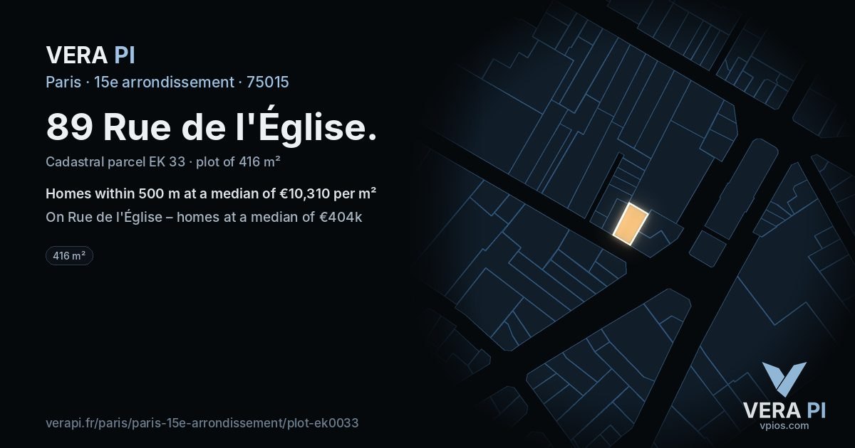 89 Rue de l'Église, 15e arrondissement at night – the plot lit, the parcels around coloured by the prices near them