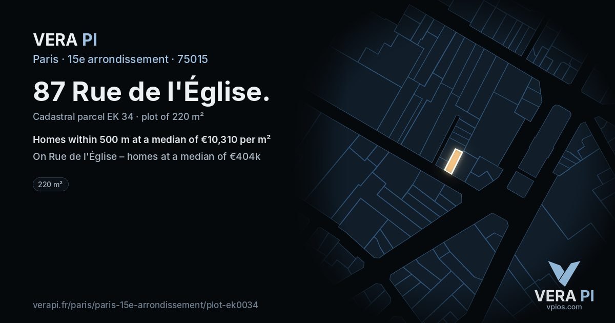 87 Rue de l'Église, 15e arrondissement at night – the plot lit, the parcels around coloured by the prices near them