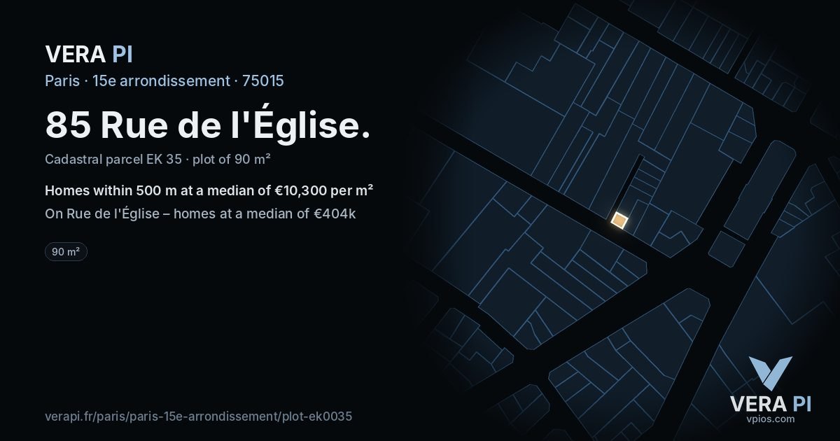 85 Rue de l'Église, 15e arrondissement at night – the plot lit, the parcels around coloured by the prices near them