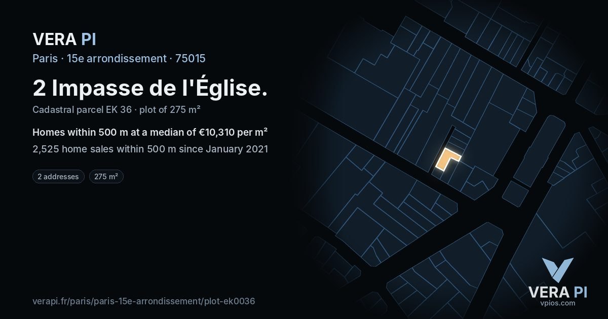2 Impasse de l'Église, 15e arrondissement at night – the plot lit, the parcels around coloured by the prices near them