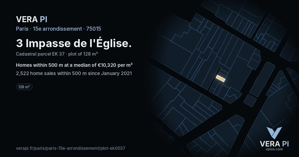 3 Impasse de l'Église, 15e arrondissement at night – the plot lit, the parcels around coloured by the prices near them