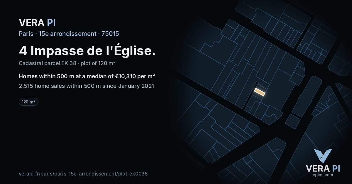 4 Impasse de l'Église, 15e arrondissement at night – the plot lit, the parcels around coloured by the prices near them