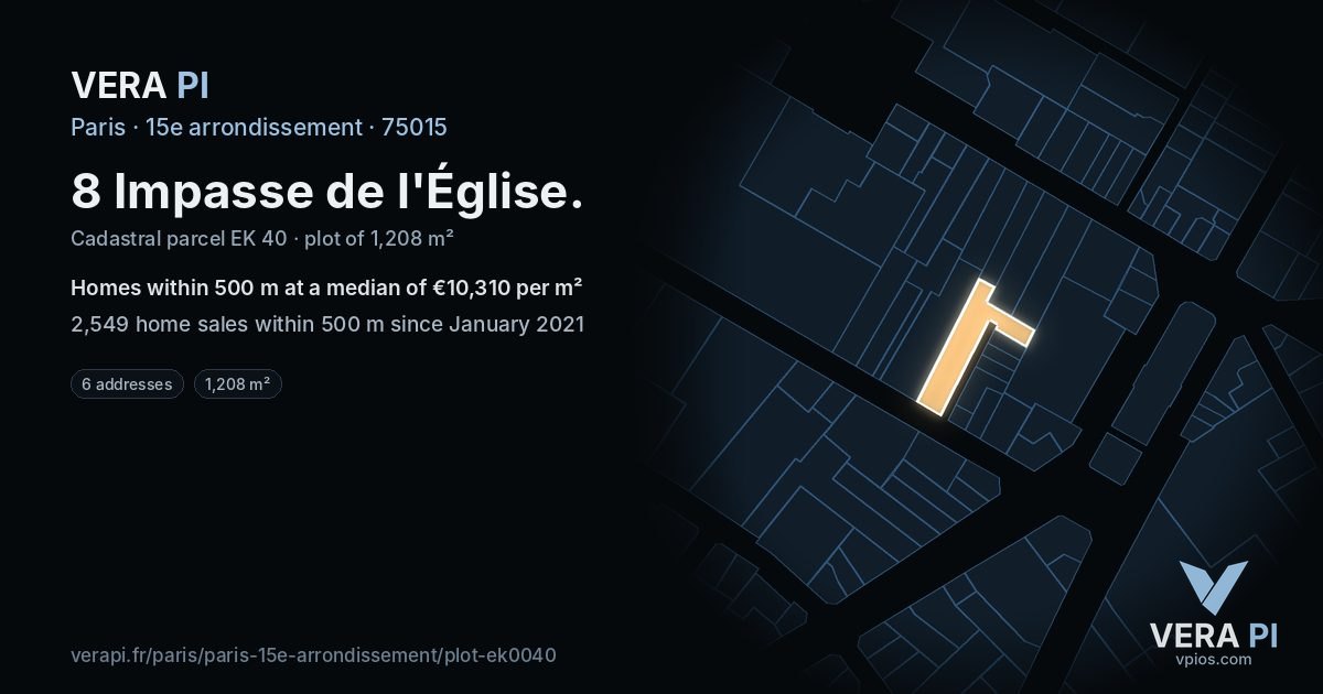 8 Impasse de l'Église, 15e arrondissement at night – the plot lit, the parcels around coloured by the prices near them