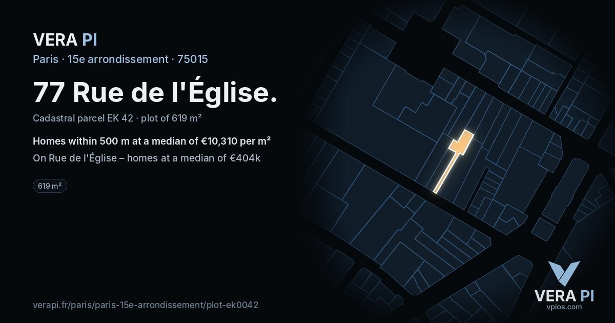 77 Rue de l'Église, 15e arrondissement at night – the plot lit, the parcels around coloured by the prices near them