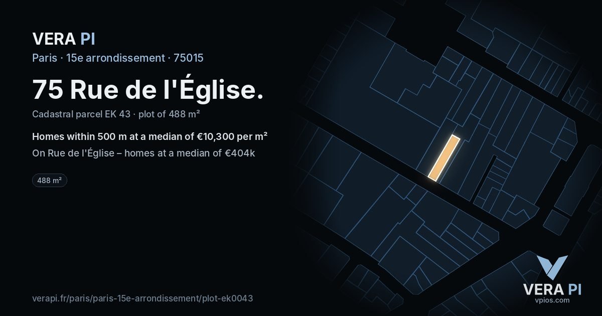 75 Rue de l'Église, 15e arrondissement at night – the plot lit, the parcels around coloured by the prices near them