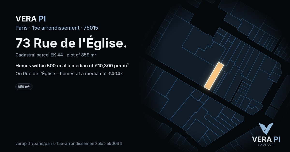 73 Rue de l'Église, 15e arrondissement at night – the plot lit, the parcels around coloured by the prices near them