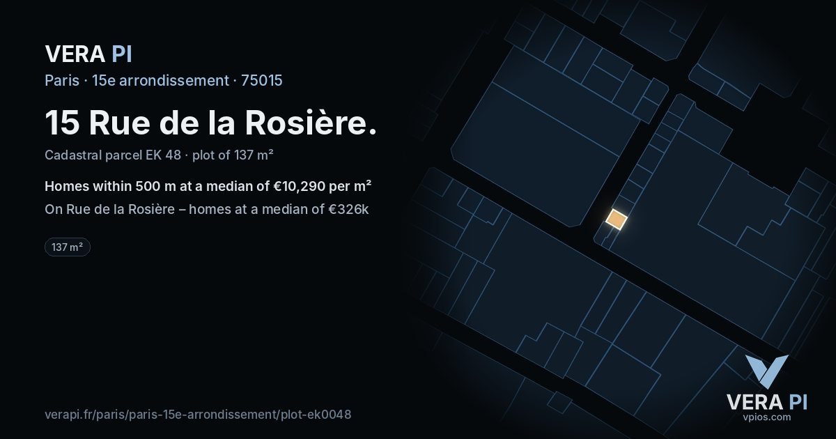 15 Rue de la Rosière, 15e arrondissement at night – the plot lit, the parcels around coloured by the prices near them