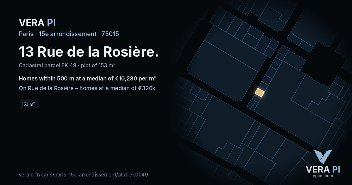 13 Rue de la Rosière, 15e arrondissement at night – the plot lit, the parcels around coloured by the prices near them