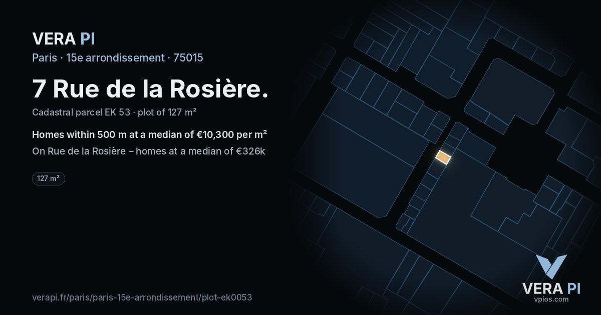 7 Rue de la Rosière, 15e arrondissement at night – the plot lit, the parcels around coloured by the prices near them