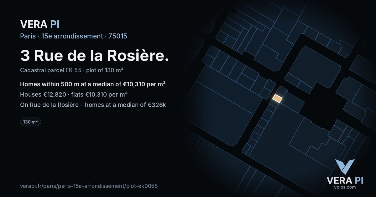3 Rue de la Rosière, 15e arrondissement at night – the plot lit, the parcels around coloured by the prices near them