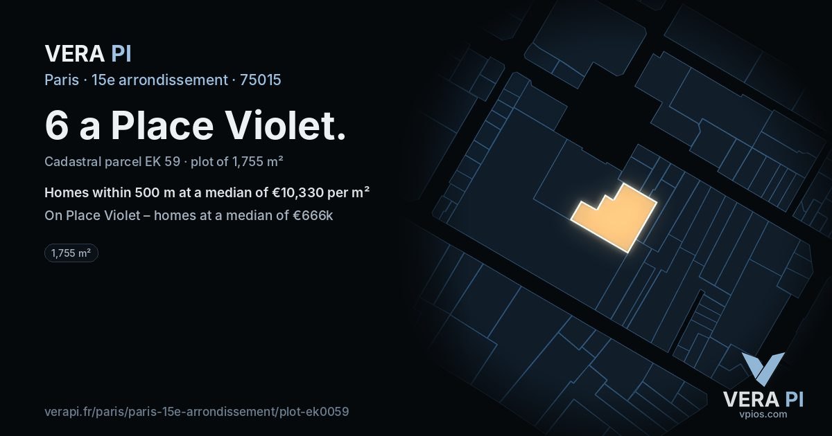 6 a Place Violet, 15e arrondissement at night – the plot lit, the parcels around coloured by the prices near them