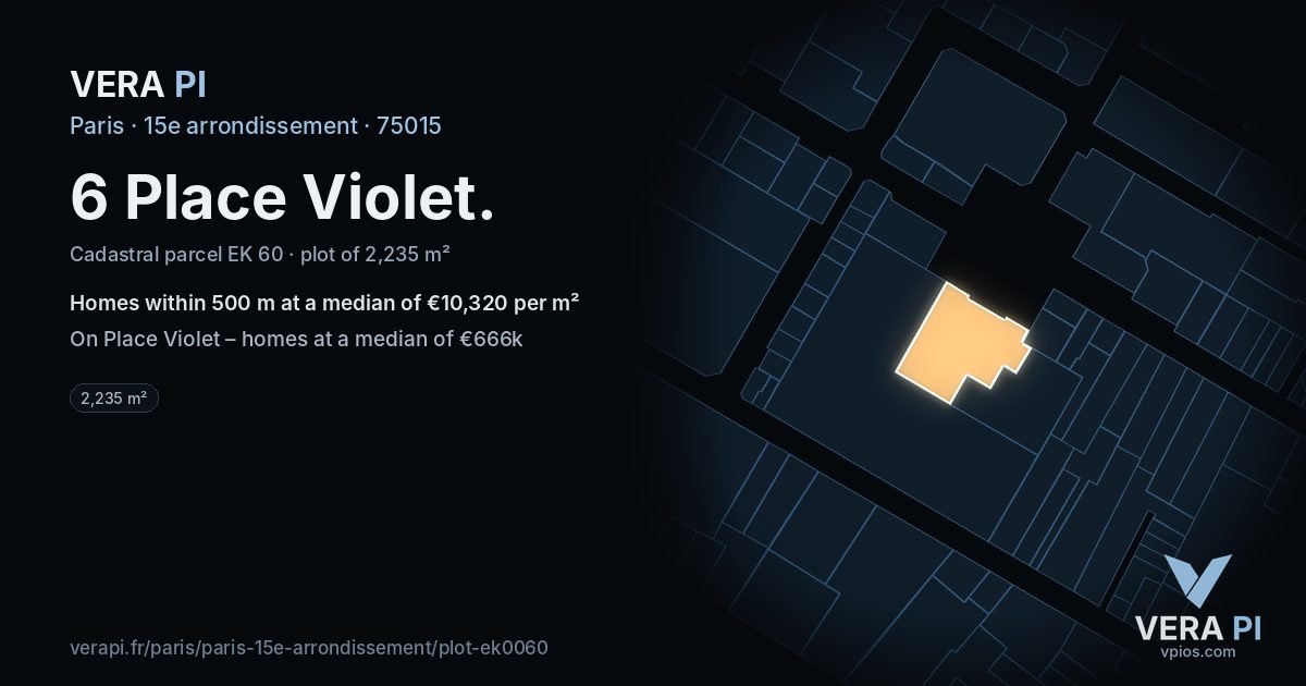 6 Place Violet, 15e arrondissement at night – the plot lit, the parcels around coloured by the prices near them
