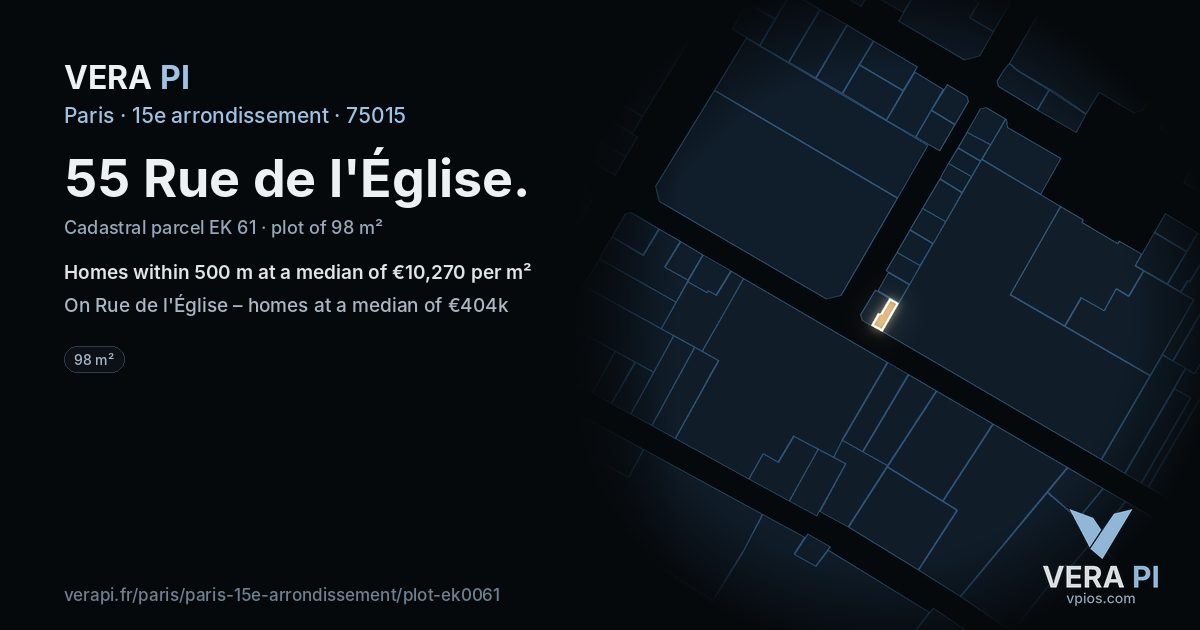 55 Rue de l'Église, 15e arrondissement at night – the plot lit, the parcels around coloured by the prices near them