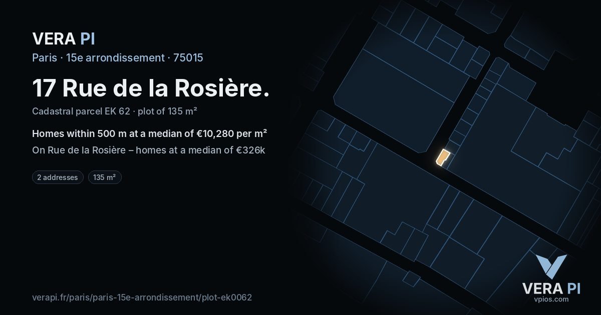17 Rue de la Rosière, 15e arrondissement at night – the plot lit, the parcels around coloured by the prices near them