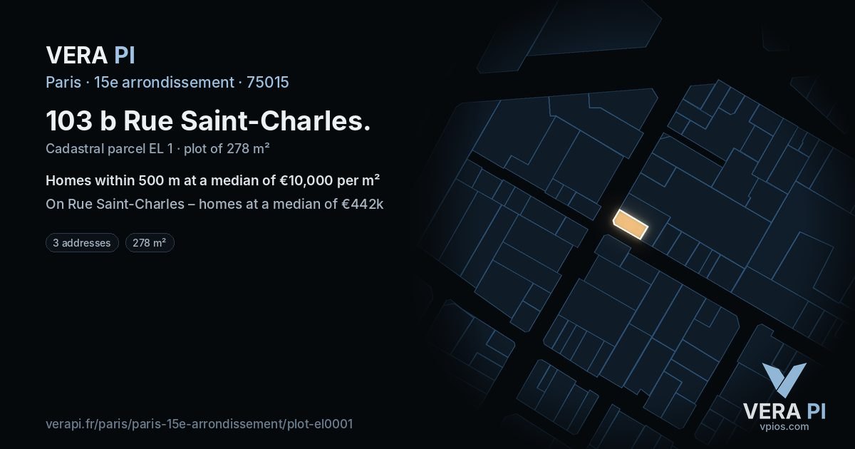 103 b Rue Saint-Charles, 15e arrondissement at night – the plot lit, the parcels around coloured by the prices near them