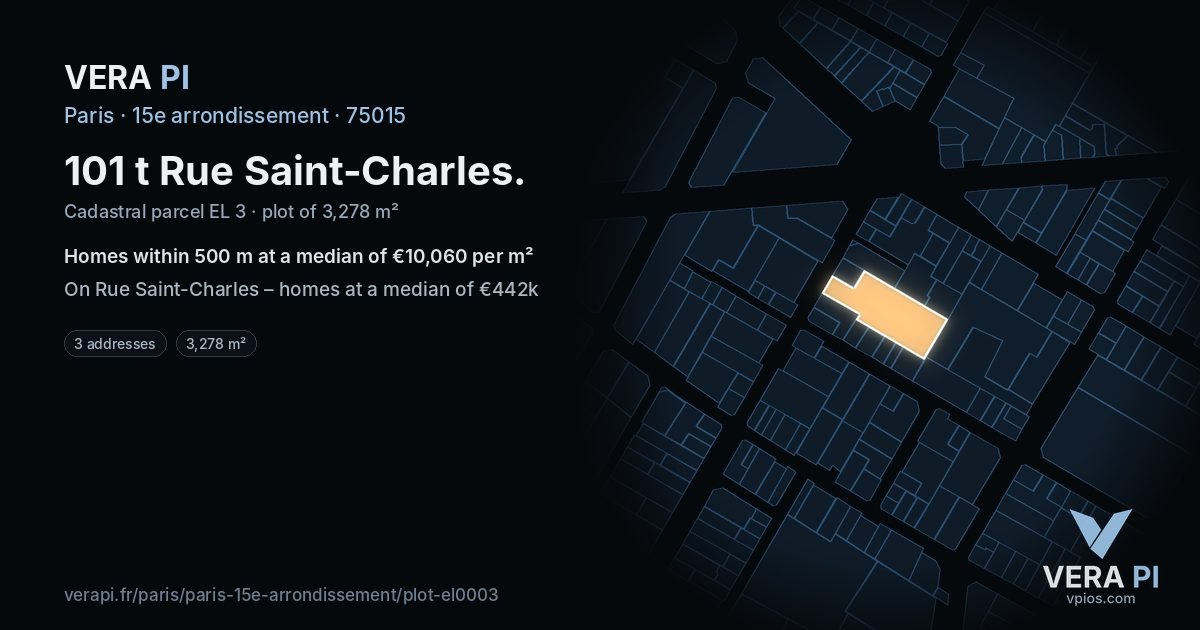 101 t Rue Saint-Charles, 15e arrondissement at night – the plot lit, the parcels around coloured by the prices near them