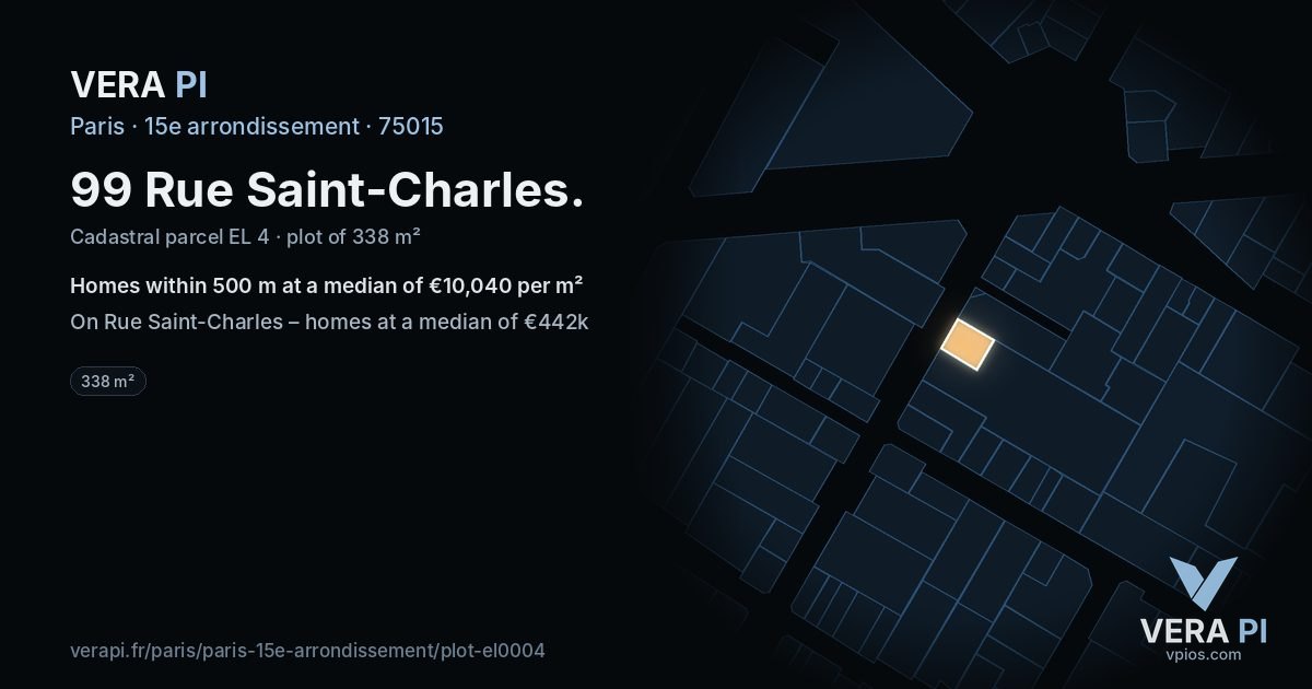 99 Rue Saint-Charles, 15e arrondissement at night – the plot lit, the parcels around coloured by the prices near them