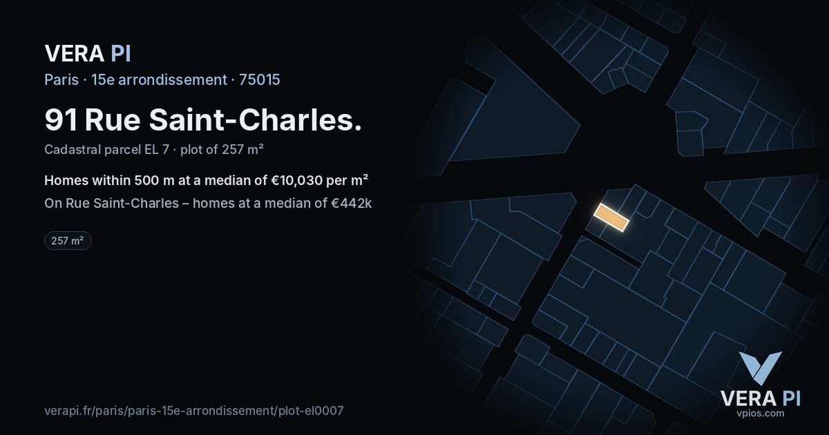 91 Rue Saint-Charles, 15e arrondissement at night – the plot lit, the parcels around coloured by the prices near them