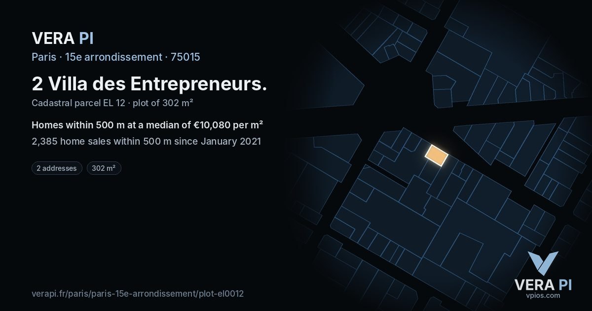 2 Villa des Entrepreneurs, 15e arrondissement at night – the plot lit, the parcels around coloured by the prices near them