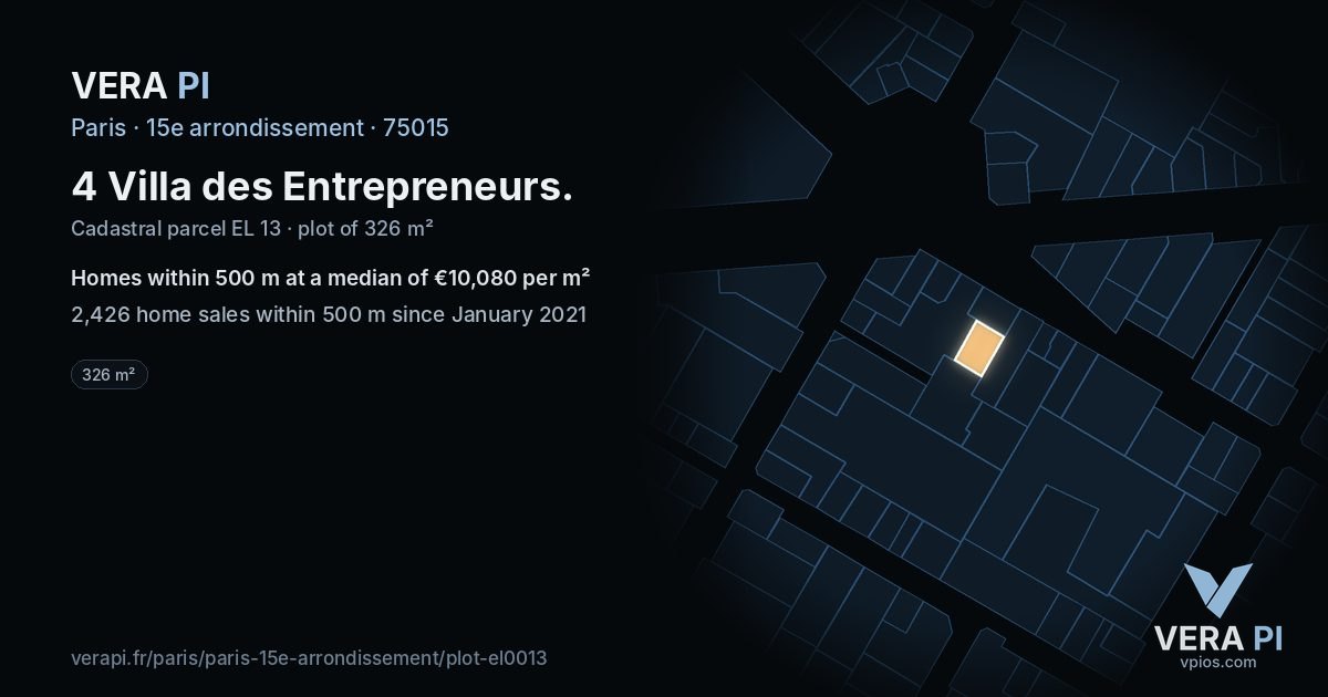4 Villa des Entrepreneurs, 15e arrondissement at night – the plot lit, the parcels around coloured by the prices near them