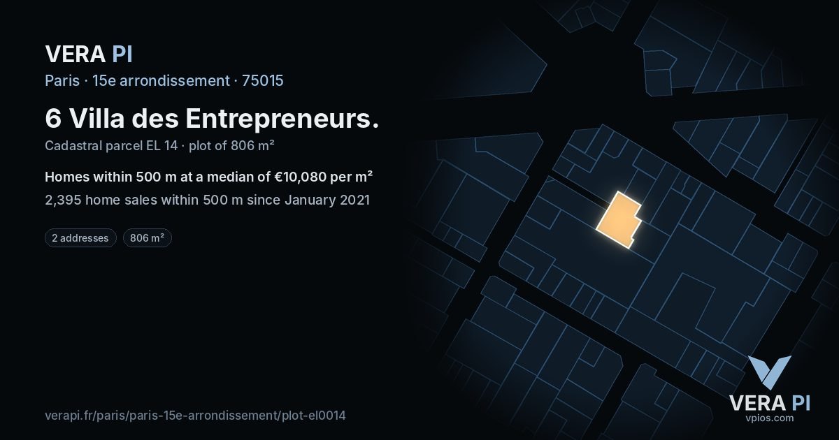 6 Villa des Entrepreneurs, 15e arrondissement at night – the plot lit, the parcels around coloured by the prices near them