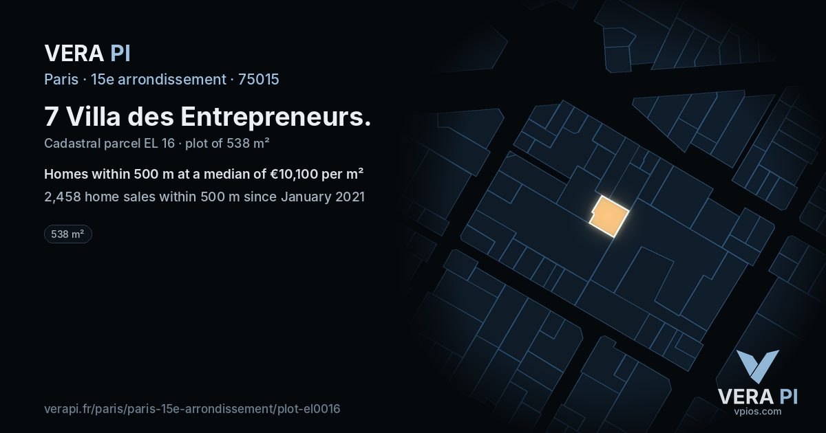 7 Villa des Entrepreneurs, 15e arrondissement at night – the plot lit, the parcels around coloured by the prices near them