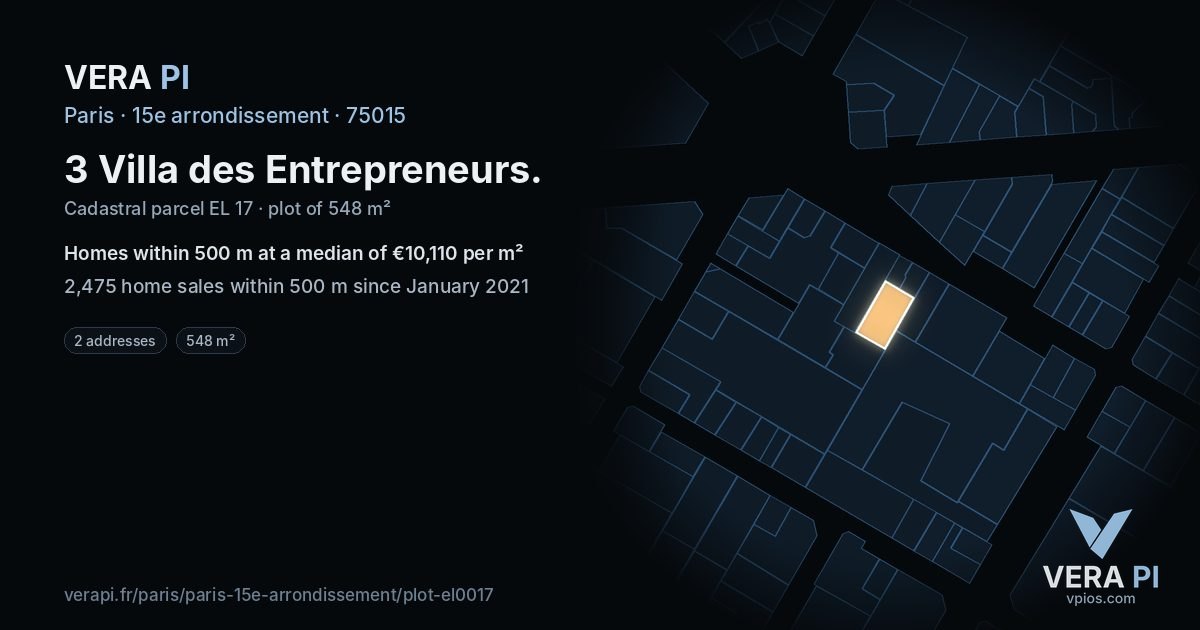 3 Villa des Entrepreneurs, 15e arrondissement at night – the plot lit, the parcels around coloured by the prices near them