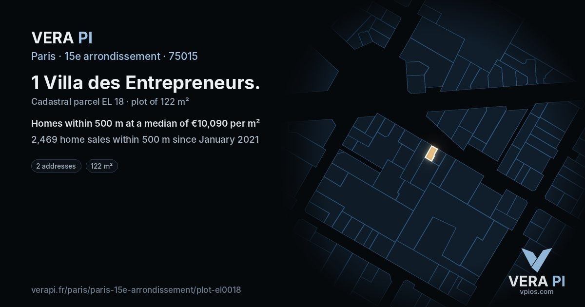 1 Villa des Entrepreneurs, 15e arrondissement at night – the plot lit, the parcels around coloured by the prices near them