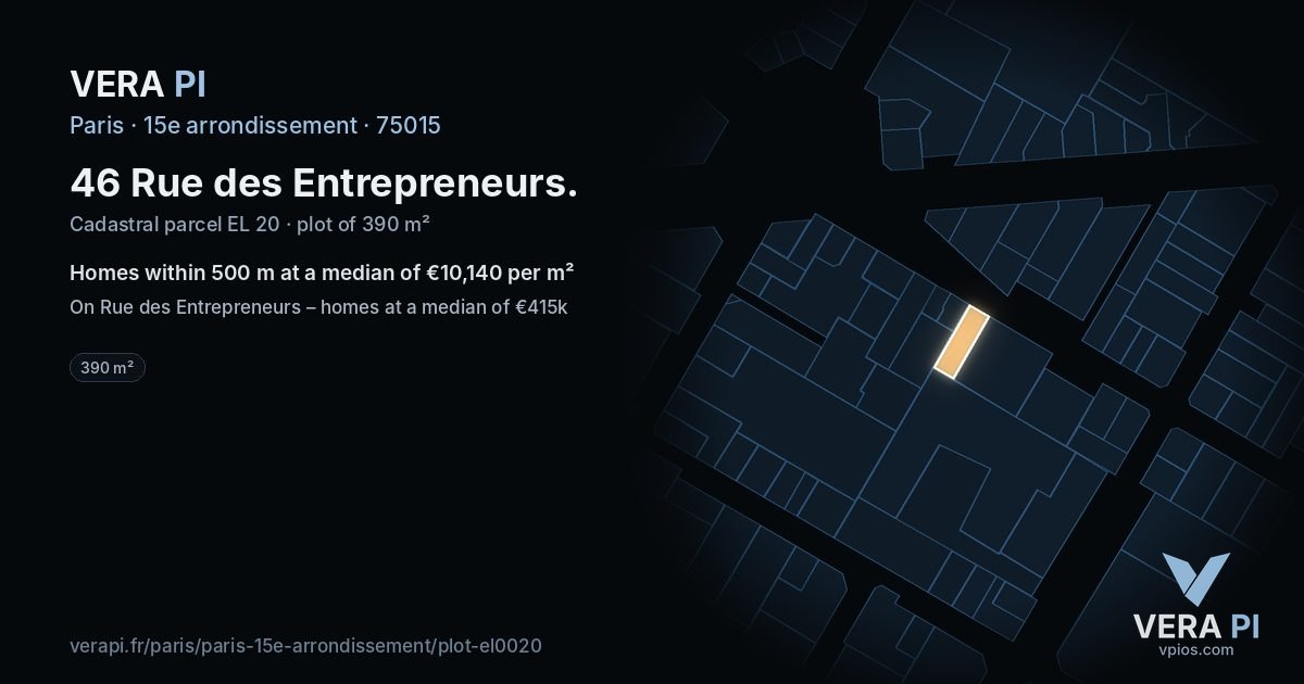 46 Rue des Entrepreneurs, 15e arrondissement at night – the plot lit, the parcels around coloured by the prices near them