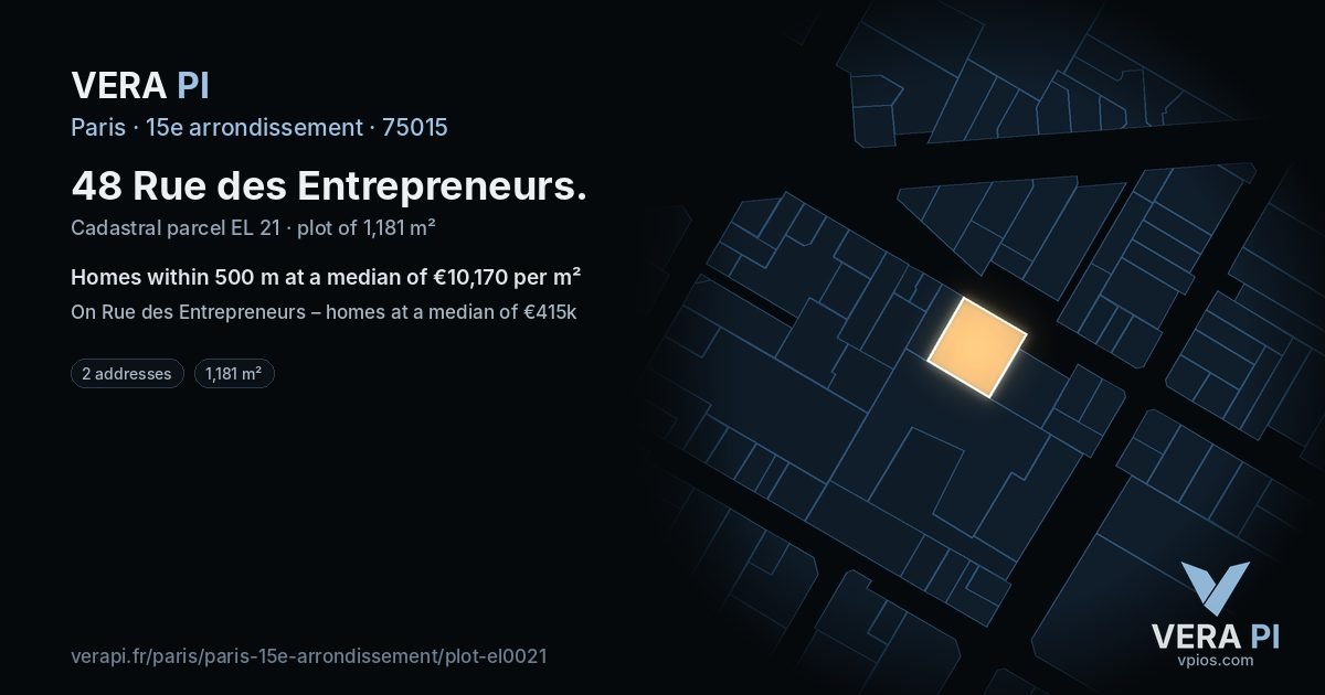 48 Rue des Entrepreneurs, 15e arrondissement at night – the plot lit, the parcels around coloured by the prices near them