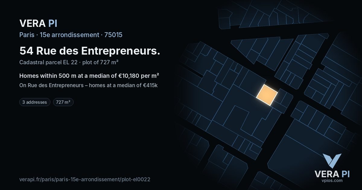 54 Rue des Entrepreneurs, 15e arrondissement at night – the plot lit, the parcels around coloured by the prices near them