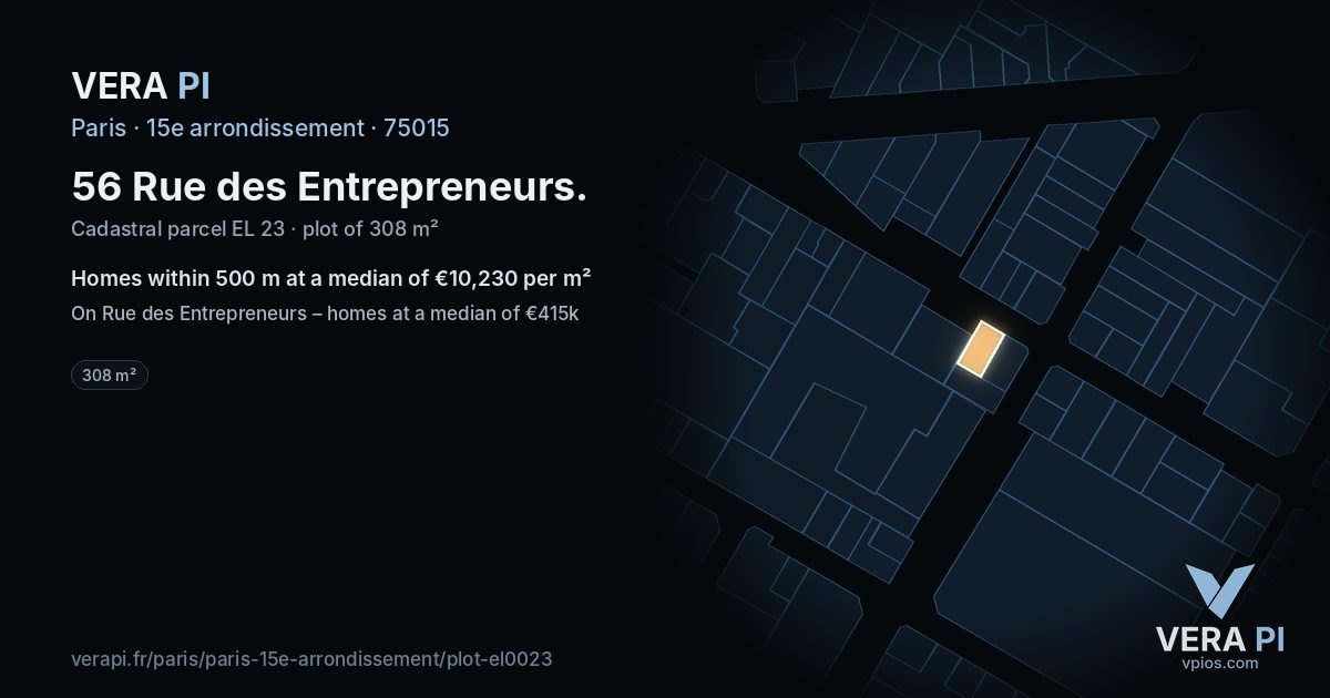 56 Rue des Entrepreneurs, 15e arrondissement at night – the plot lit, the parcels around coloured by the prices near them
