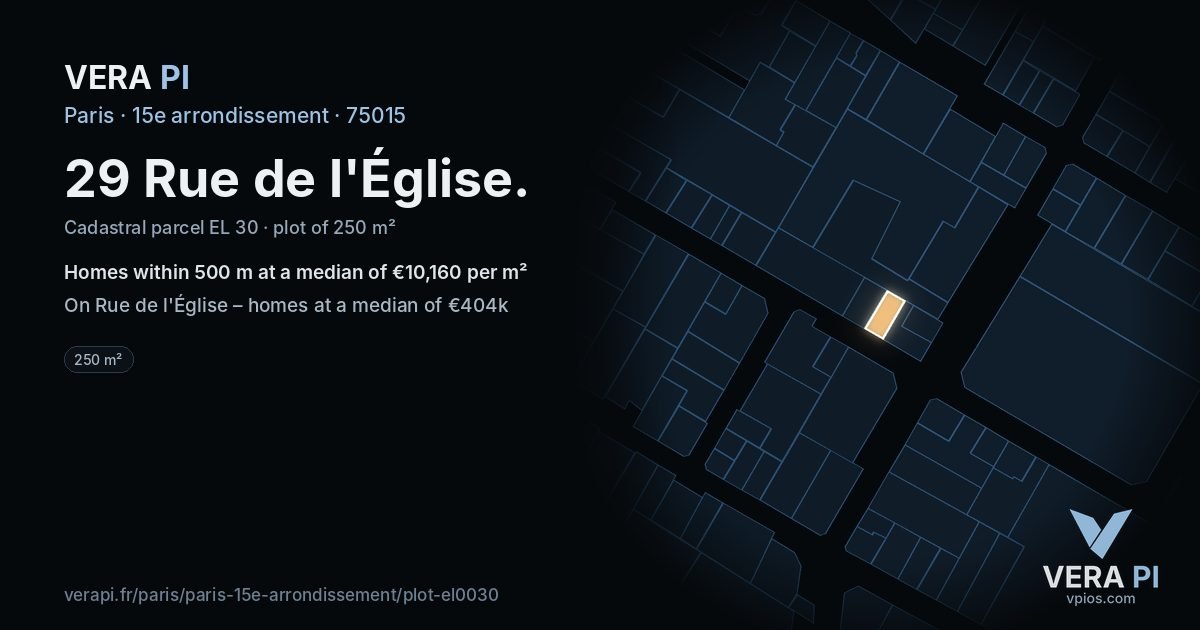 29 Rue de l'Église, 15e arrondissement at night – the plot lit, the parcels around coloured by the prices near them
