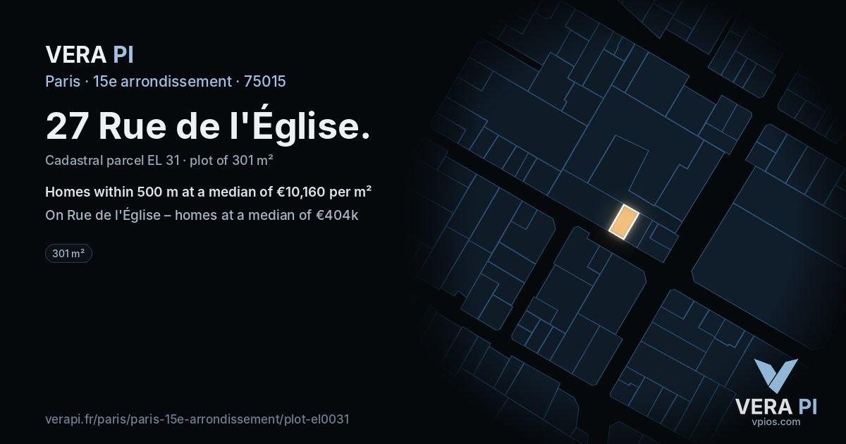 27 Rue de l'Église, 15e arrondissement at night – the plot lit, the parcels around coloured by the prices near them