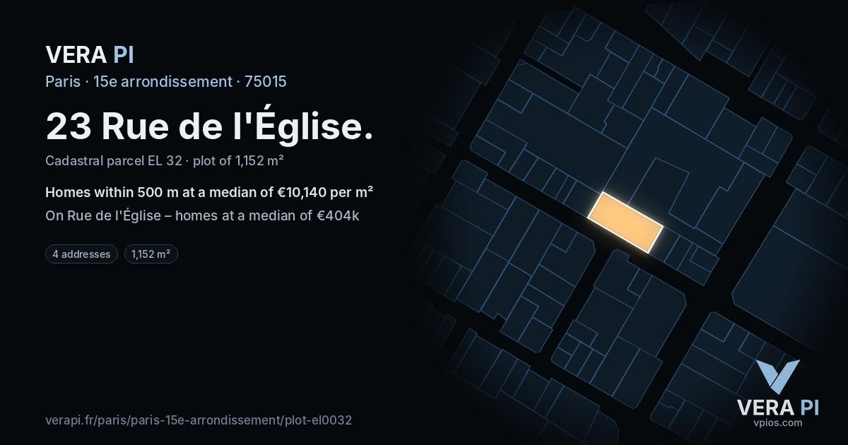 23 Rue de l'Église, 15e arrondissement at night – the plot lit, the parcels around coloured by the prices near them