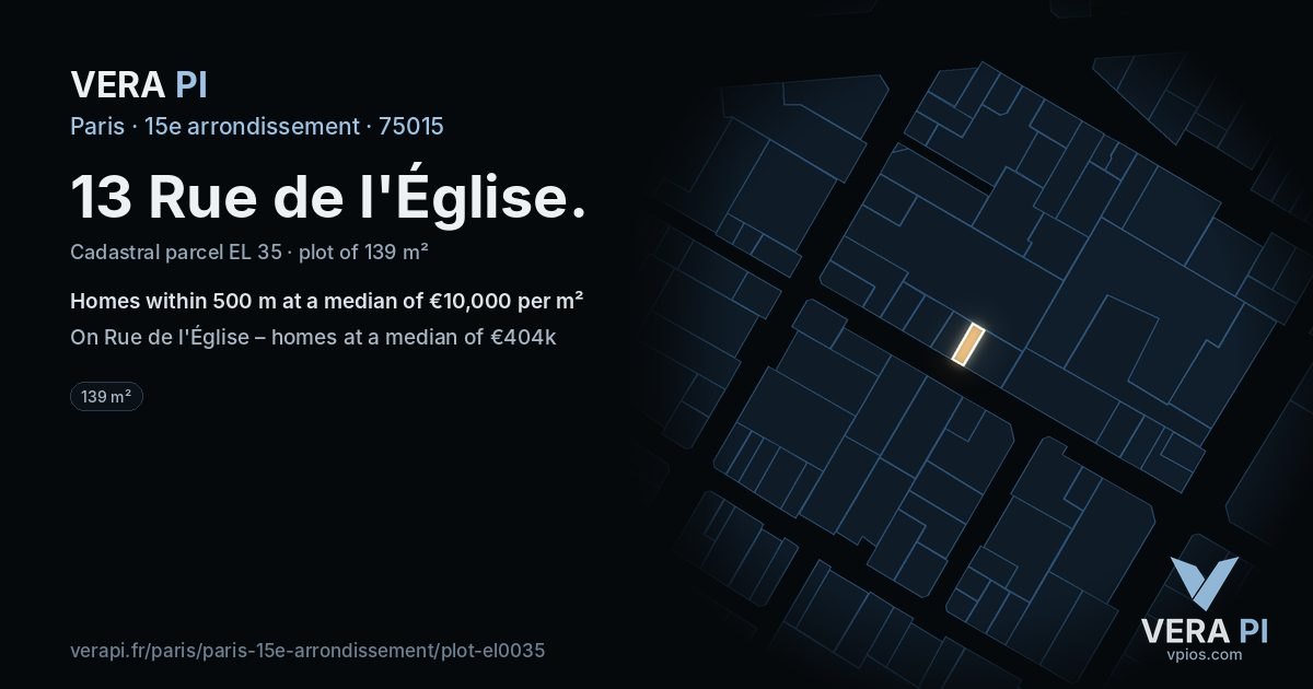 13 Rue de l'Église, 15e arrondissement at night – the plot lit, the parcels around coloured by the prices near them
