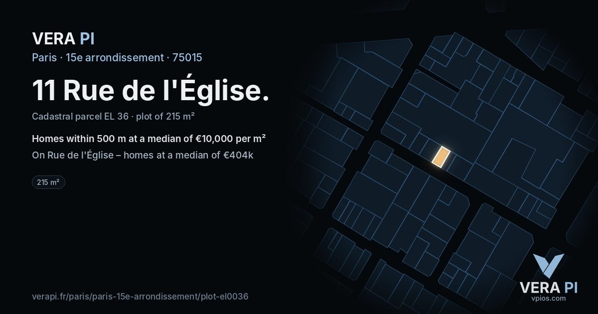 11 Rue de l'Église, 15e arrondissement at night – the plot lit, the parcels around coloured by the prices near them