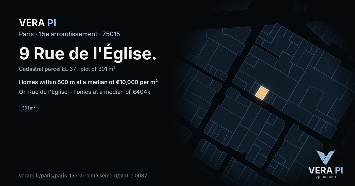 9 Rue de l'Église, 15e arrondissement at night – the plot lit, the parcels around coloured by the prices near them