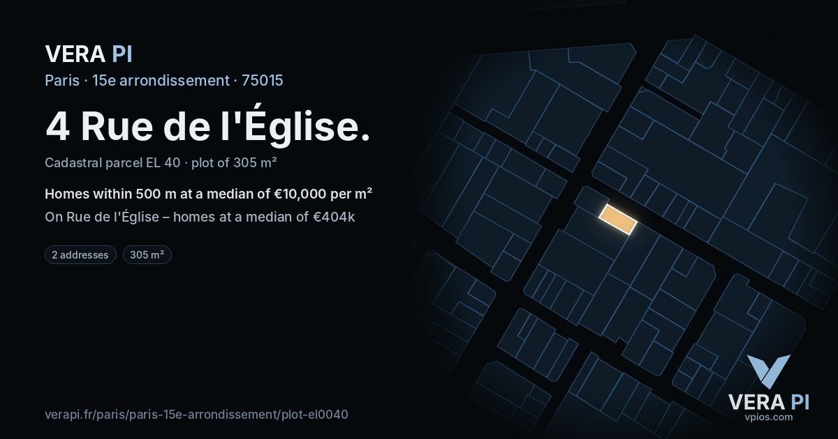 4 Rue de l'Église, 15e arrondissement at night – the plot lit, the parcels around coloured by the prices near them