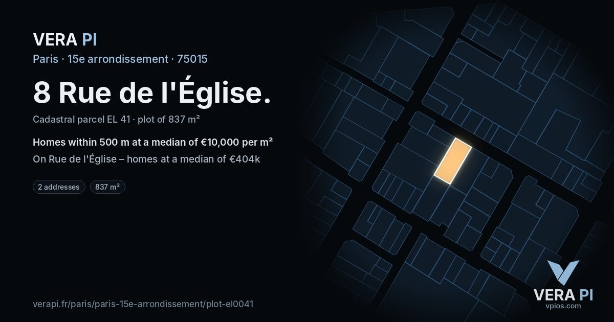 8 Rue de l'Église, 15e arrondissement at night – the plot lit, the parcels around coloured by the prices near them