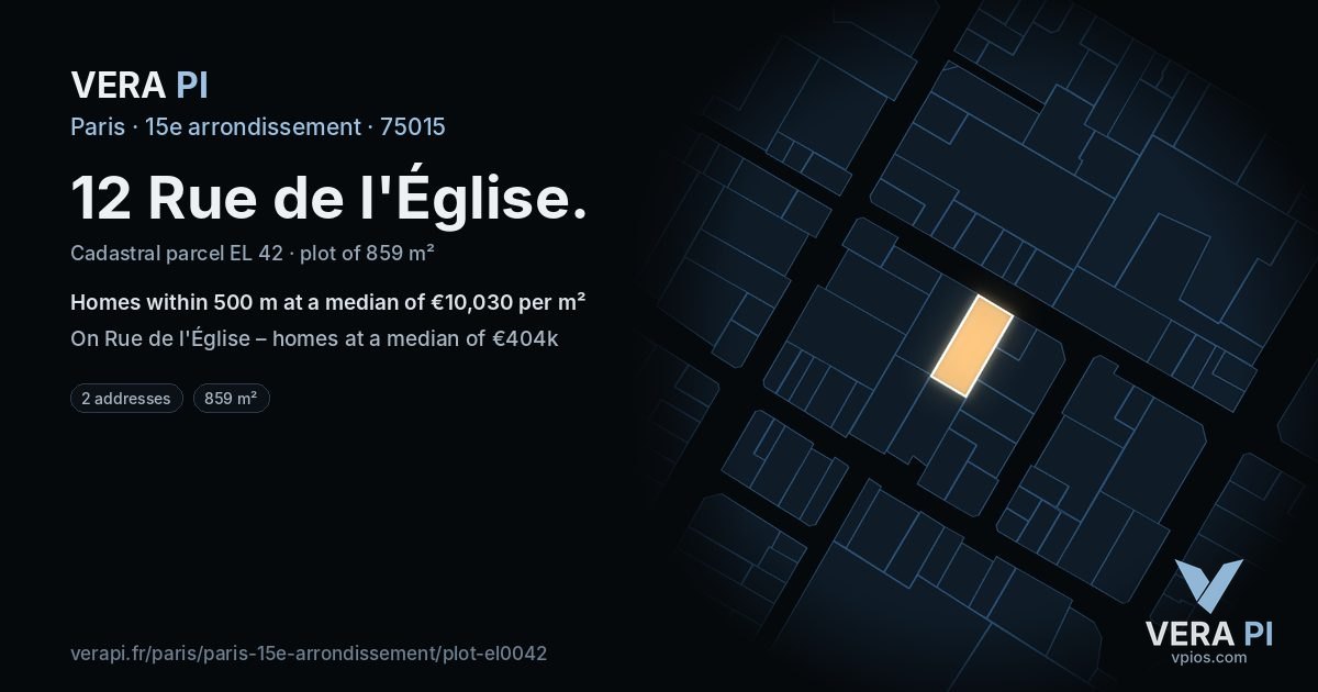 12 Rue de l'Église, 15e arrondissement at night – the plot lit, the parcels around coloured by the prices near them