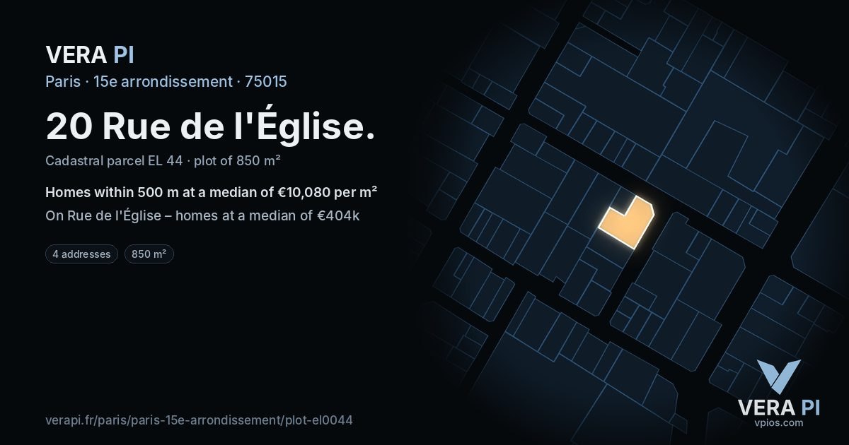 20 Rue de l'Église, 15e arrondissement at night – the plot lit, the parcels around coloured by the prices near them
