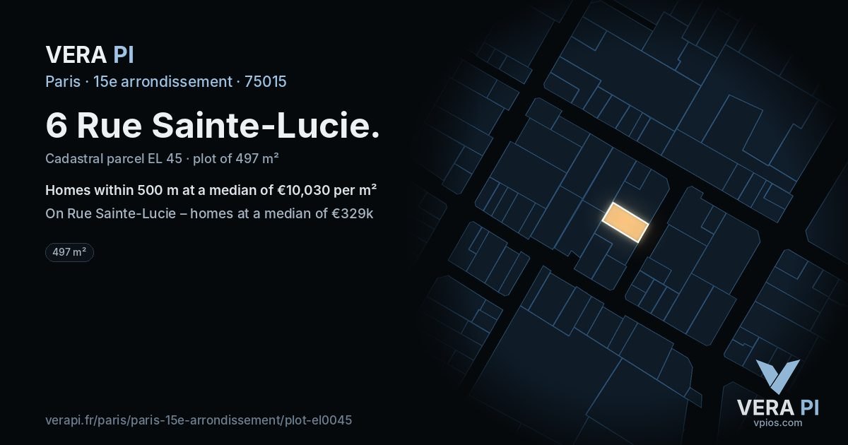 6 Rue Sainte-Lucie, 15e arrondissement at night – the plot lit, the parcels around coloured by the prices near them